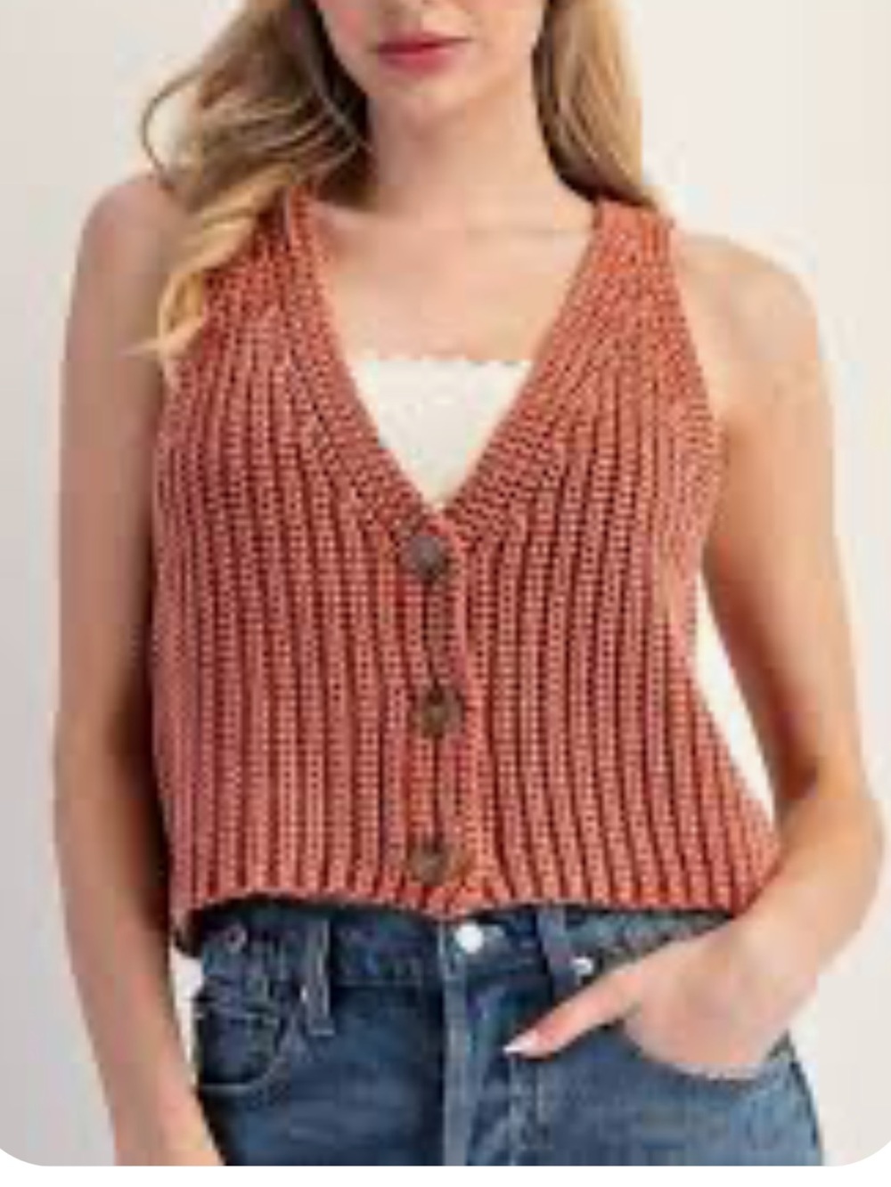 eesome Rust Ribbed V-Neck Button-Front Sweater Vest